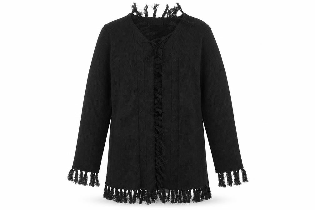 Front view of Embargo girls’ black knit cardigan jumper, size 13, years - tassles