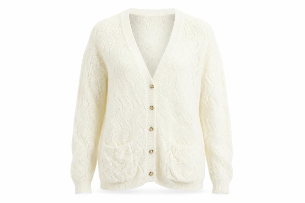 Front view of Primark women’s ivory knit cardigan jumper, size UK 8