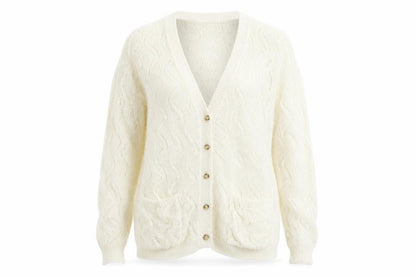 Front view of Primark women’s ivory knit cardigan jumper, size UK 8