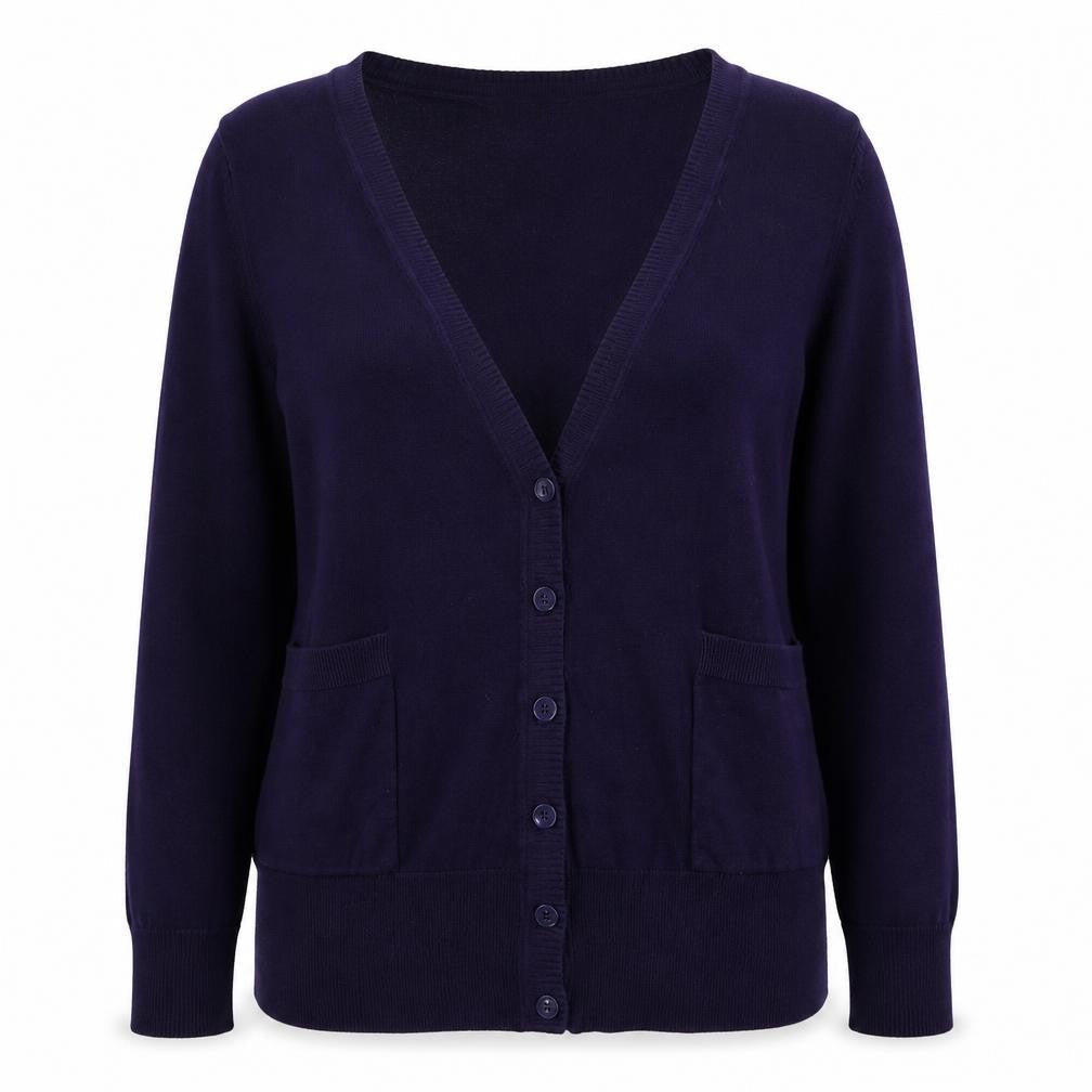 Front view of Topshop women’s purple knit cardigan jumper, size UK 12