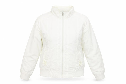Front view of Preworn women’s white jacket coat, size UK 12