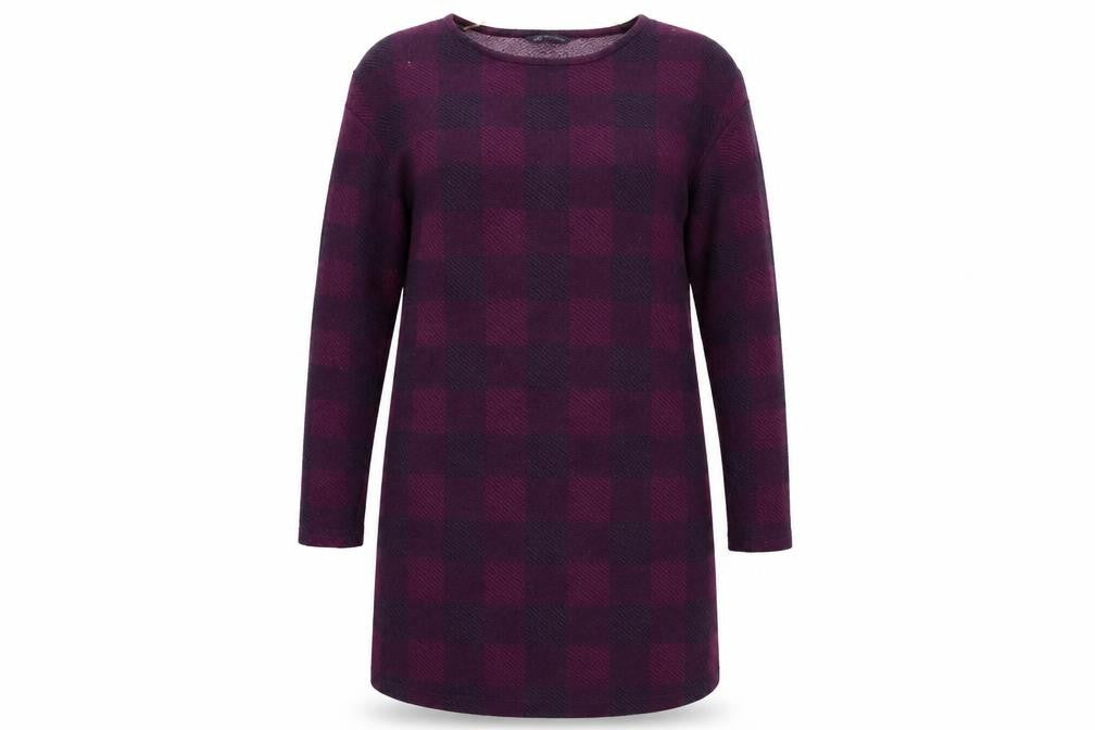 Front view of Marks & Spencer women’s purple check jumper dress, size UK 12