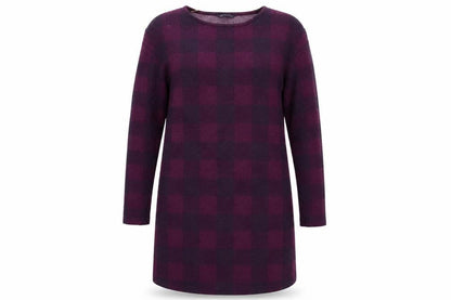 Front view of Marks & Spencer women’s purple check jumper dress, size UK 12