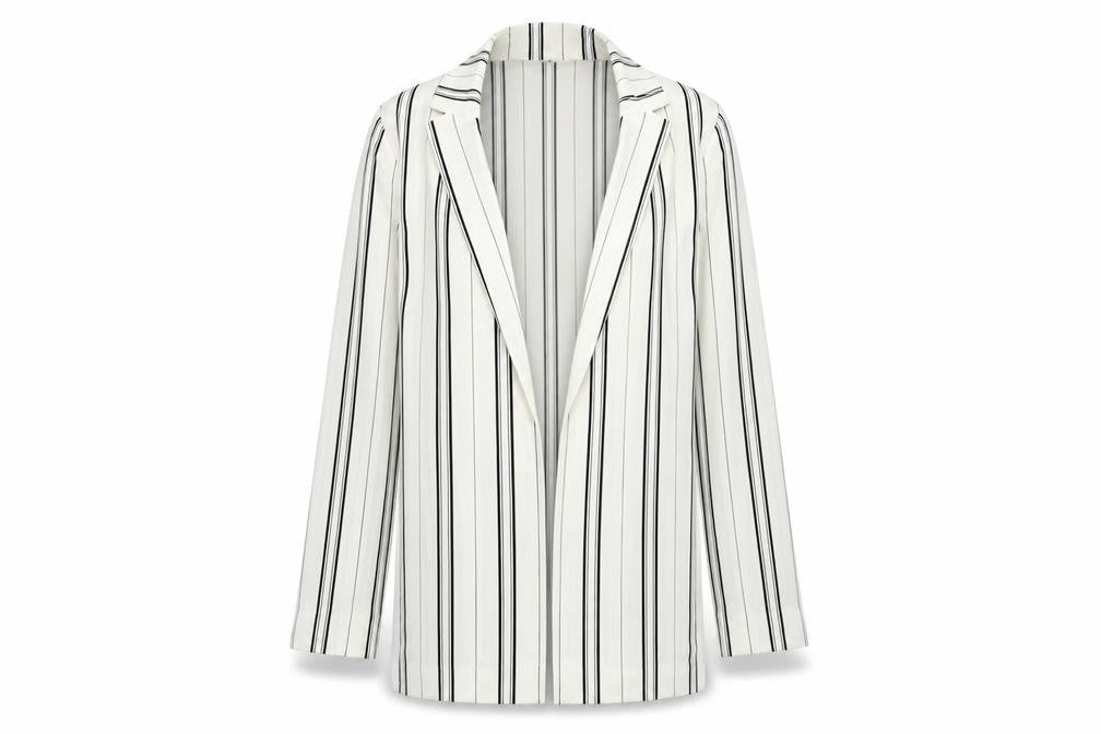 Front view of New Look women’s white striped cardigan jumper, size UK 6