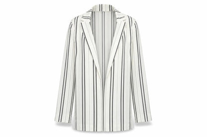 Front view of New Look women’s white striped cardigan jumper, size UK 6