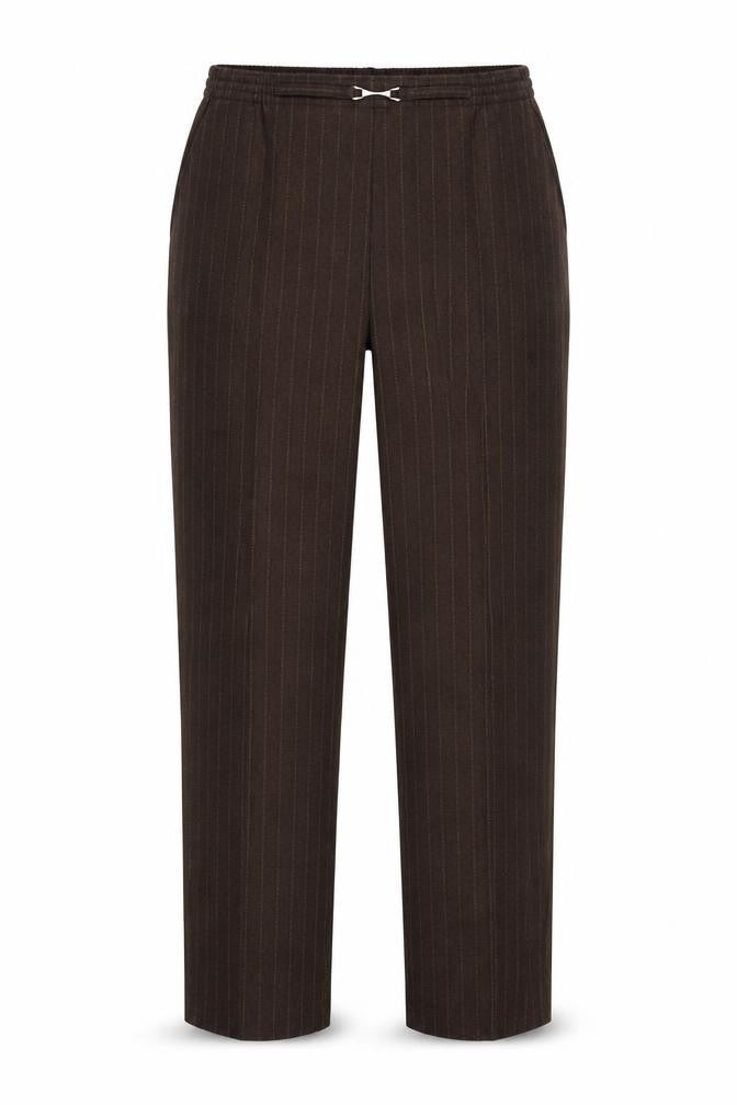 Front view of Preworn women’s brown striped trousers, size UK 30, in, 28-inch leg