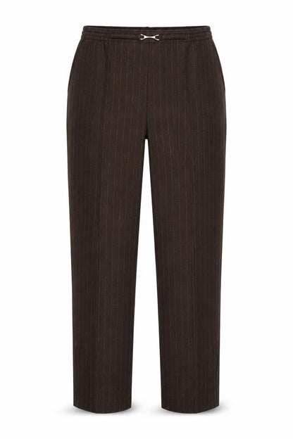 Front view of Preworn women’s brown striped trousers, size UK 30, in, 28-inch leg