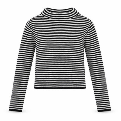 Front view of MISS EVIE girls’ black striped jumper, size 11-12, years
