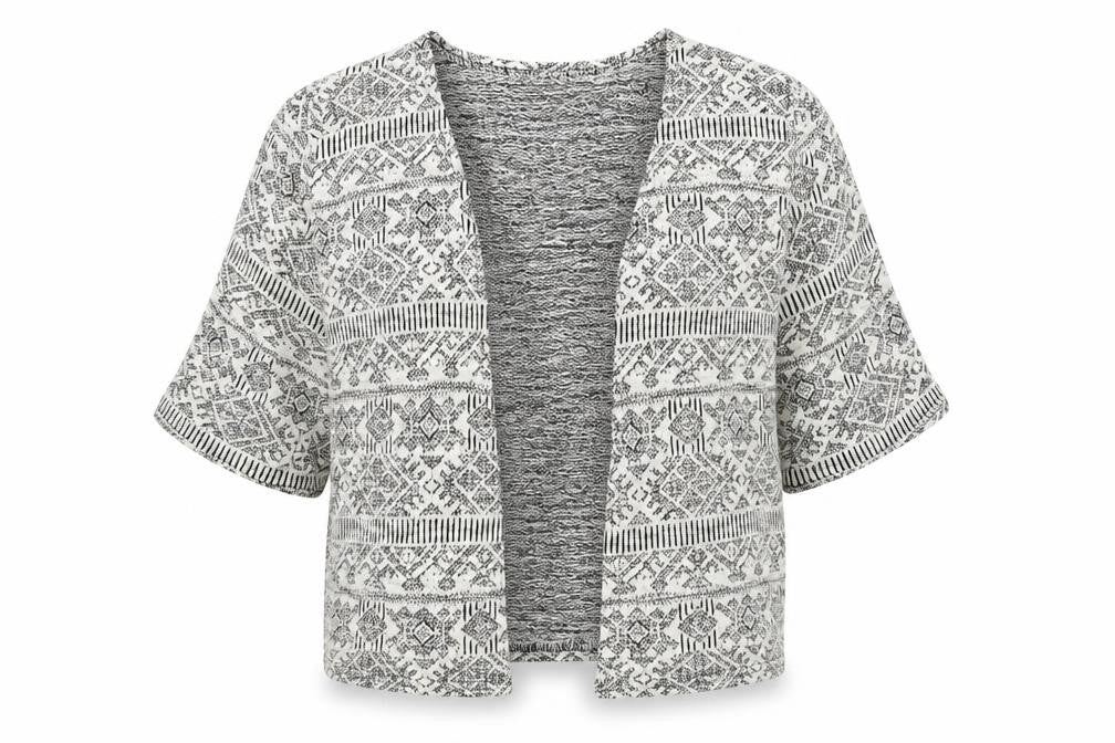 Front view of Atmosphere women’s white geometric cardigan jumper, size UK 8
