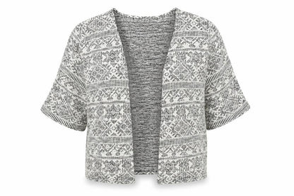 Front view of Atmosphere women’s white geometric cardigan jumper, size UK 8
