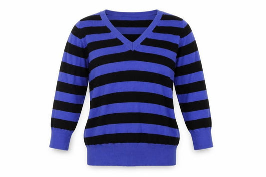 Front view of Atmosphere women’s blue striped jumper, size UK 8
