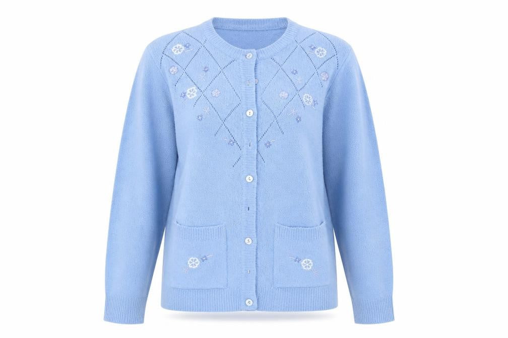 Front view of Akal Collection women’s blue cardigan jumper, size M