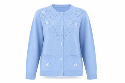 Front view of Akal Collection women’s blue cardigan jumper, size M