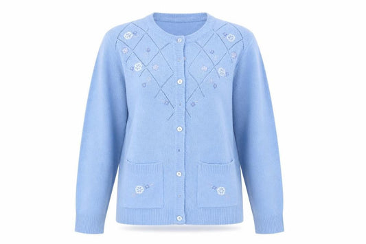 Front view of Akal Collection women’s blue cardigan jumper, size M
