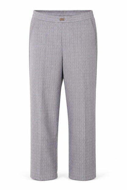 Front view of Marks & Spencer men’s purple houndstooth trousers, size 16, 27-inch leg