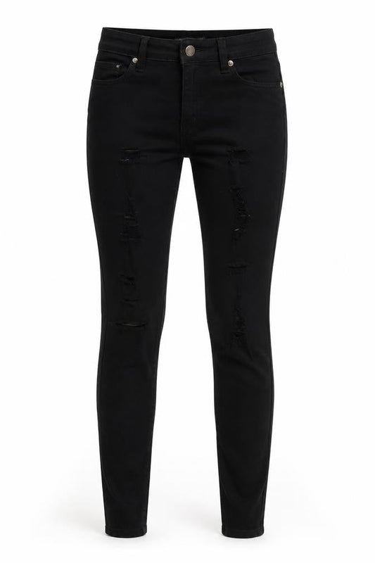Front view of Boohoo women’s black skinny jeans, size UK 10, 30-inch leg