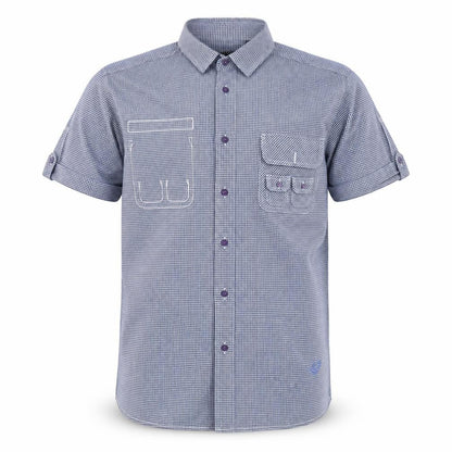 Front view of JUNK de LUXE men’s blue check button-up, size XL
