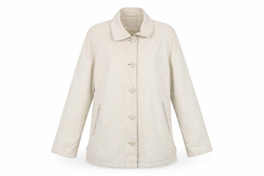 Front view of Dannimac women’s beige overcoat coat, size M
