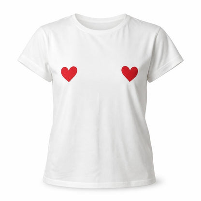 Front view of Primark women’s white basic t-shirt, size UK 6, - love hearts