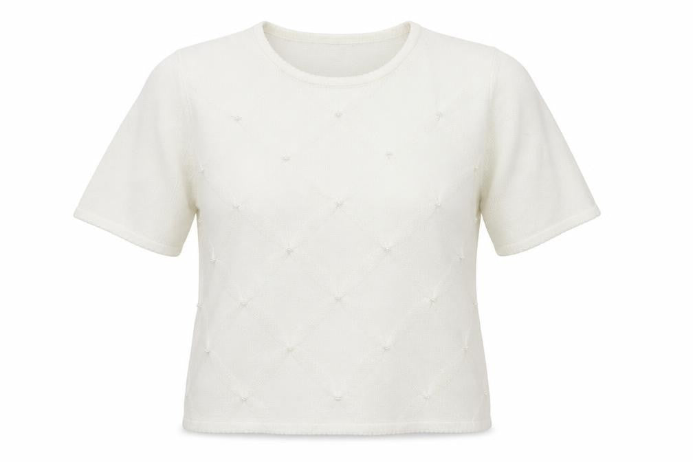 Front view of Preworn women’s ivory knit basic blouse, size M, - pearl detail