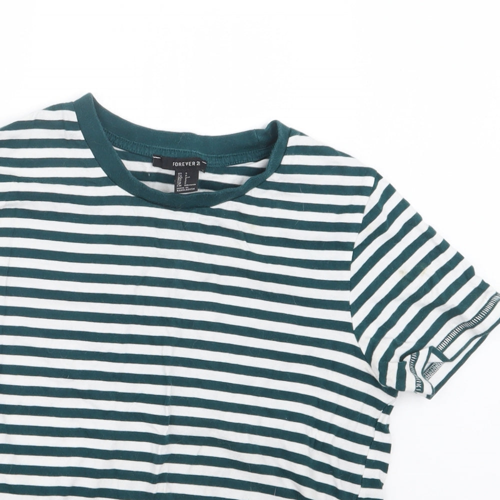 FOREVER 21  Womens Green Striped  Basic T-Shirt Size S