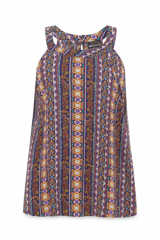 Front view of Jones New York women’s blue geometric basic blouse, size S