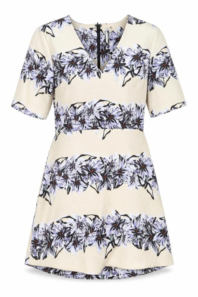 Front view of Topshop women’s beige floral a-line, size UK 8