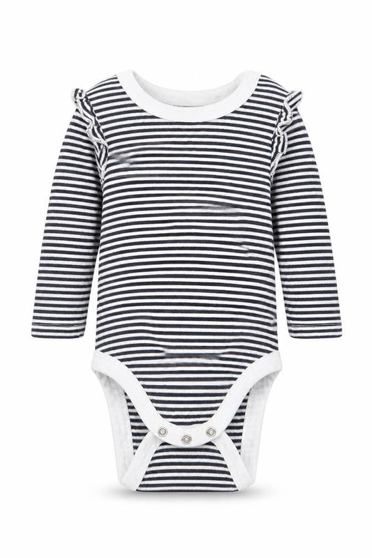 Front view of Myleene Klass girls’ black striped babygrow one-piece, size 3-6, months