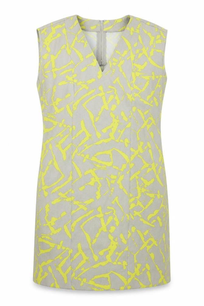 Front view of Warehouse women’s grey geometric t-shirt dress, size UK 8