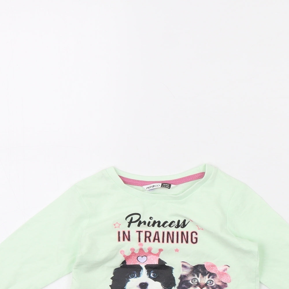 Pep & co Girls Green   Basic T-Shirt Size 9-12 Months  - Cat and Dog