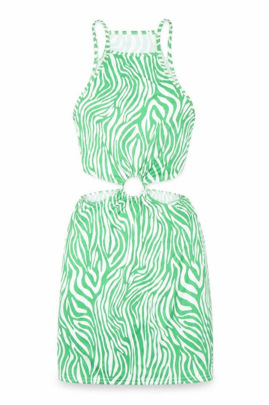 Front view of Edge Street women’s green animal print mini, size UK 8