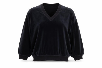 Front view of H&M women’s blue velour pullover sweatshirt, size M