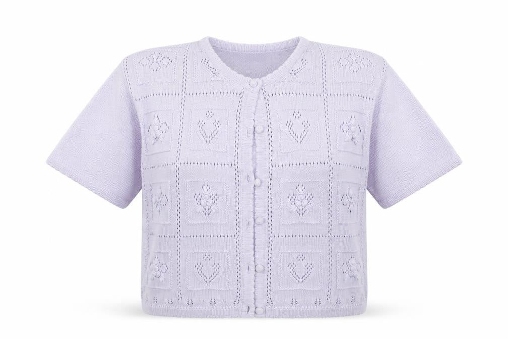 Front view of Richards women’s purple knit cardigan jumper, size L