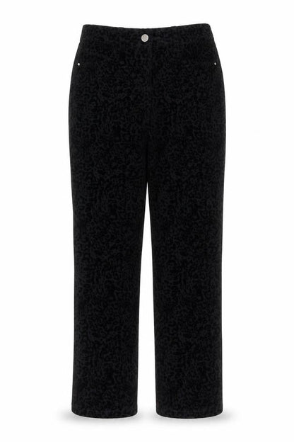 Front view of Next women’s black animal print trousers, size UK 10, 25-inch leg