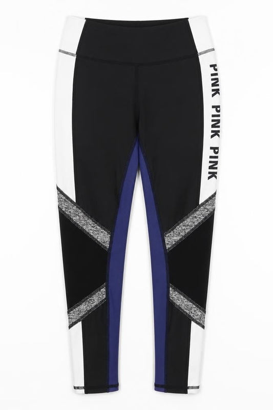 Front view of PINK women’s black capri leggings, size XS, 24-inch leg