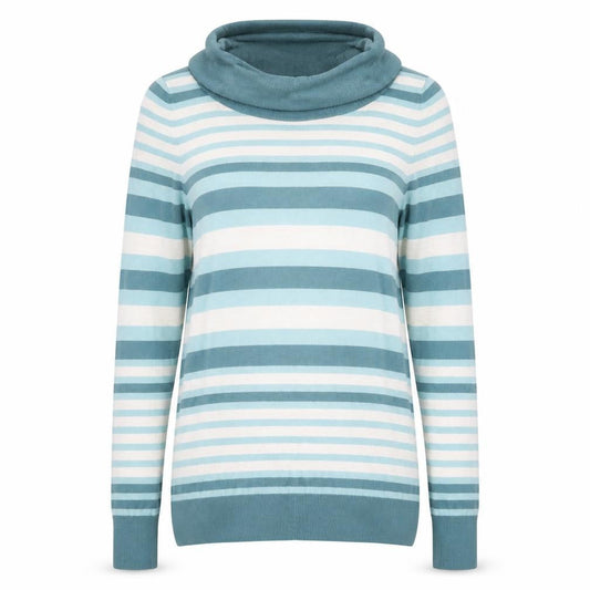Front view of Marks & Spencer women’s green striped knit jumper, size UK 10
