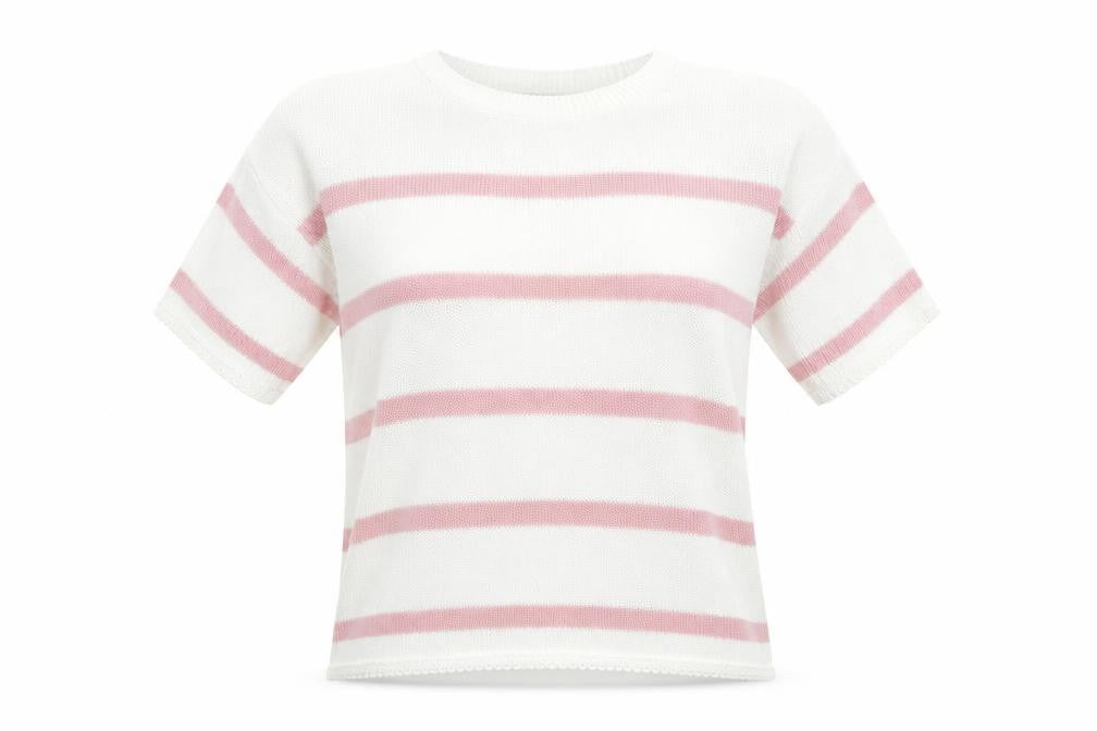 Front view of In the Style women’s pink striped knit jumper, size UK 8