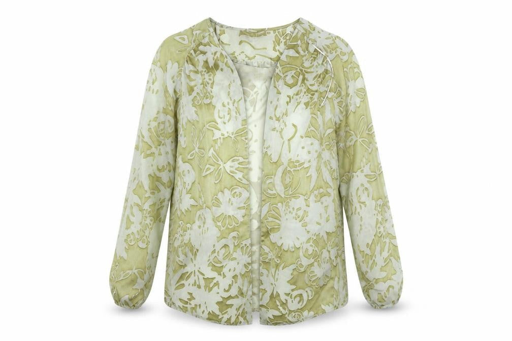 Front view of Miss Selfridge women’s green floral cardigan jumper, size UK 8