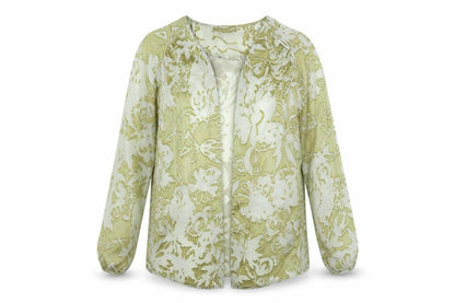 Front view of Miss Selfridge women’s green floral cardigan jumper, size UK 8