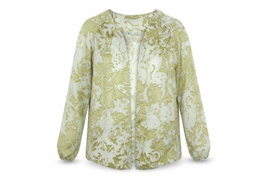 Front view of Miss Selfridge women’s green floral cardigan jumper, size UK 8