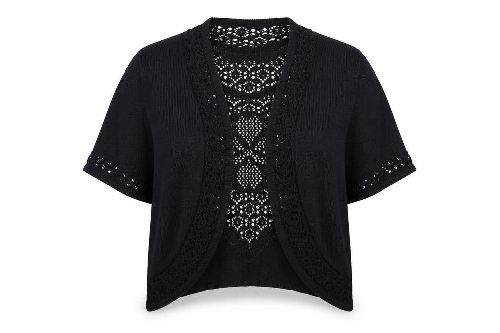 Front view of Soon women’s black cardigan jumper, size UK 16