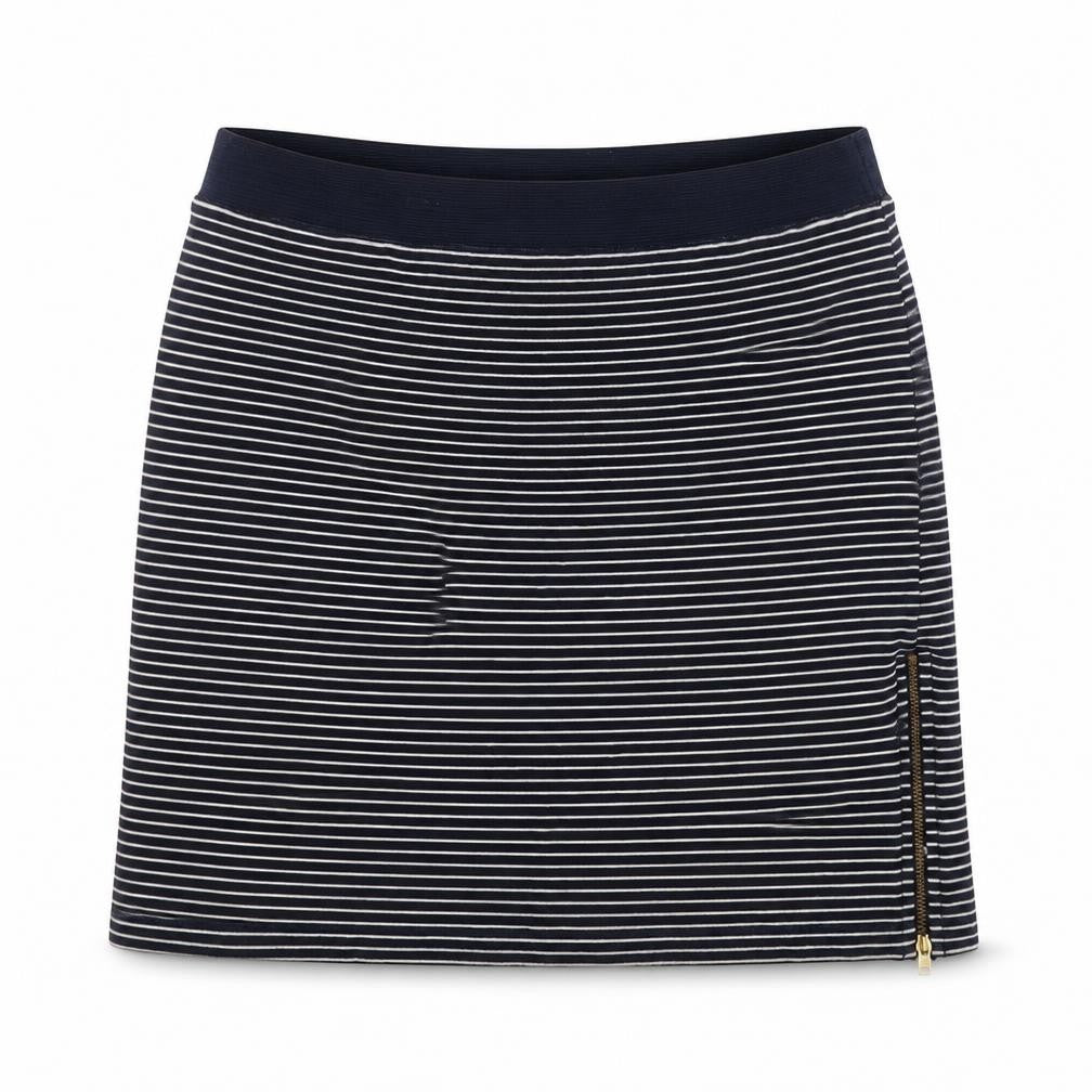 Front view of Warehouse women’s blue striped rayon a-line skirt, size UK 14