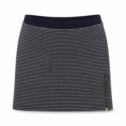Front view of Warehouse women’s blue striped rayon a-line skirt, size UK 14