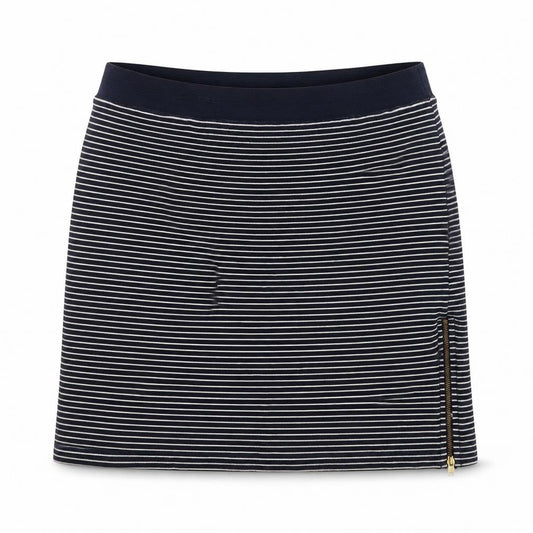 Front view of Warehouse women’s blue striped rayon a-line skirt, size UK 14