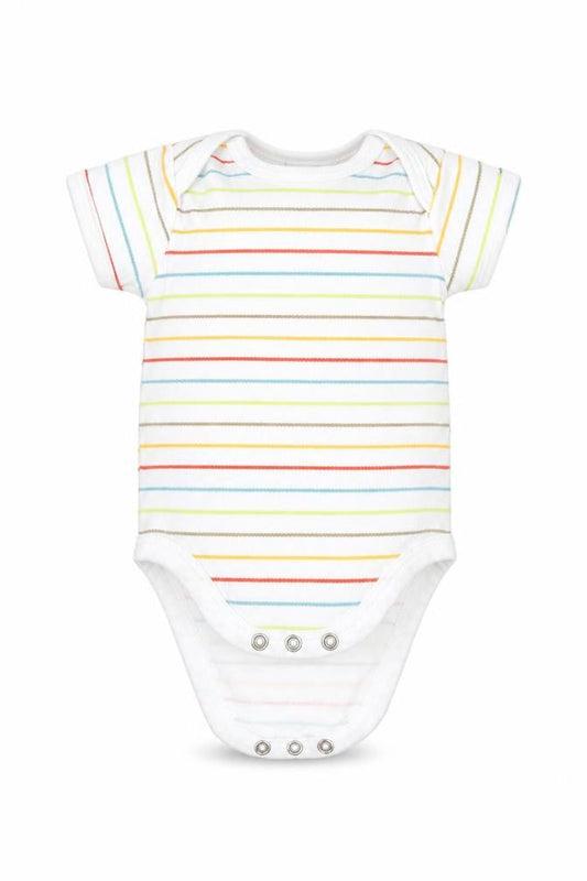 Front view of kris x kids Baby White Striped Babygrow One-Piece, size 3-6, Months