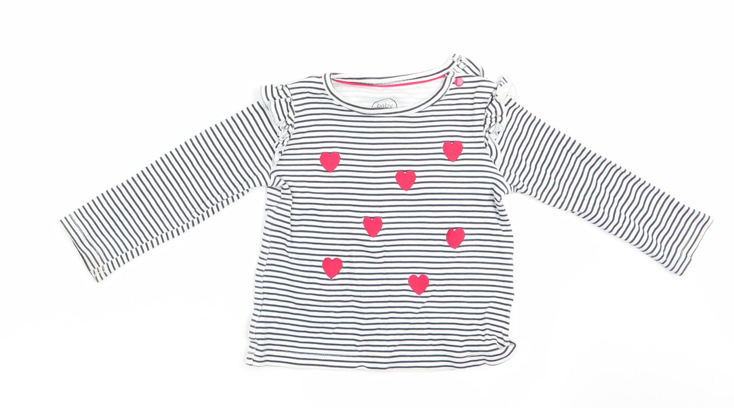 Baby Club Girls Blue Striped  Basic T-Shirt Size 9-12 Months  - Heart Print