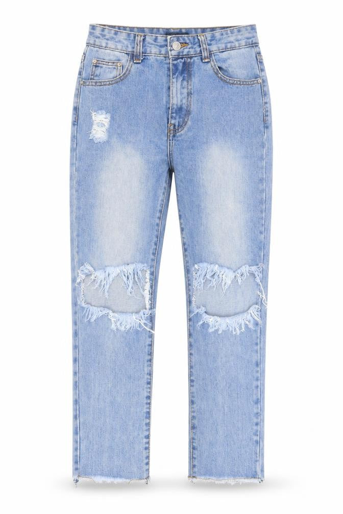 Front view of MOMOKROM women’s blue straight jeans, size UK 8, 24-inch leg