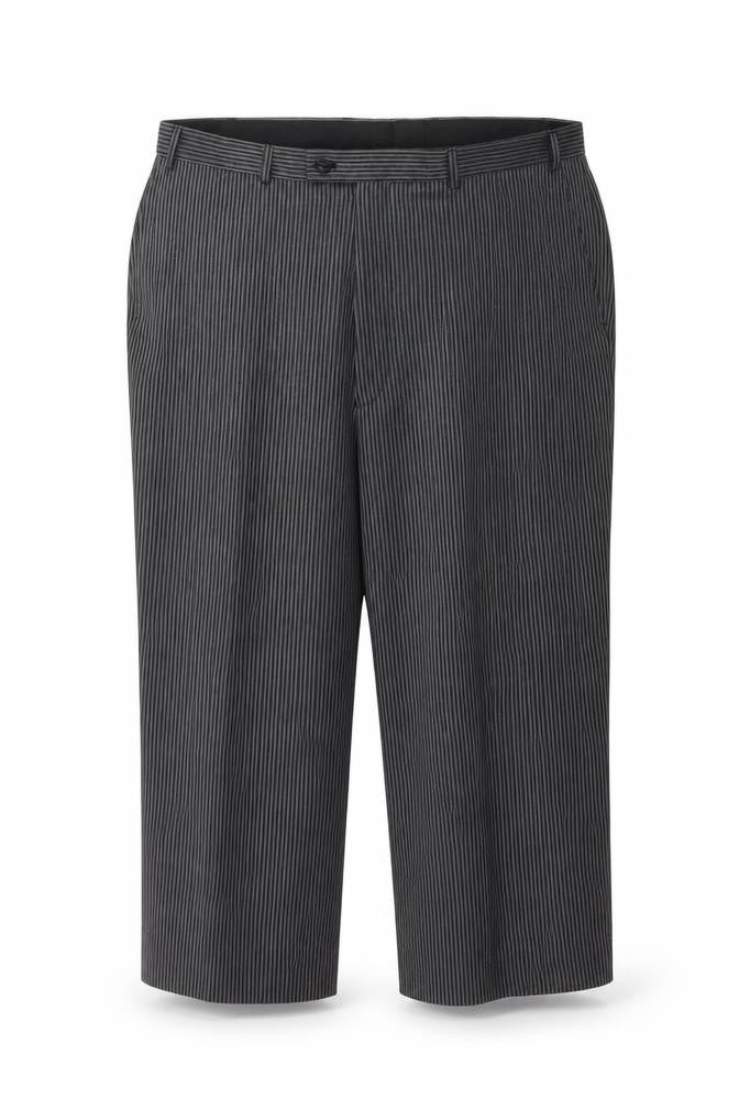 Front view of Preworn women’s grey striped trousers, size L, 23-inch leg
