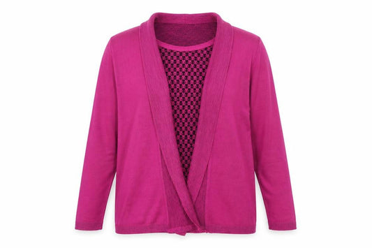 Front view of Impressions women’s purple cardigan jumper, size L