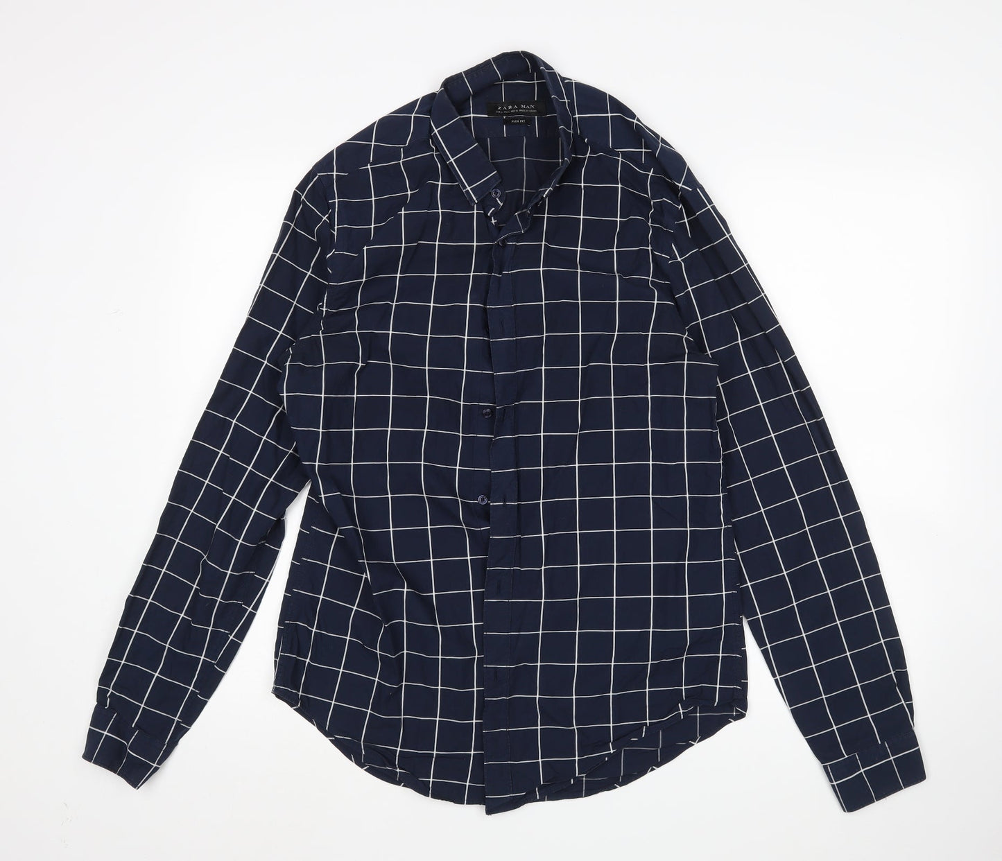 Zara Mens Blue Check   Button-Up Size L
